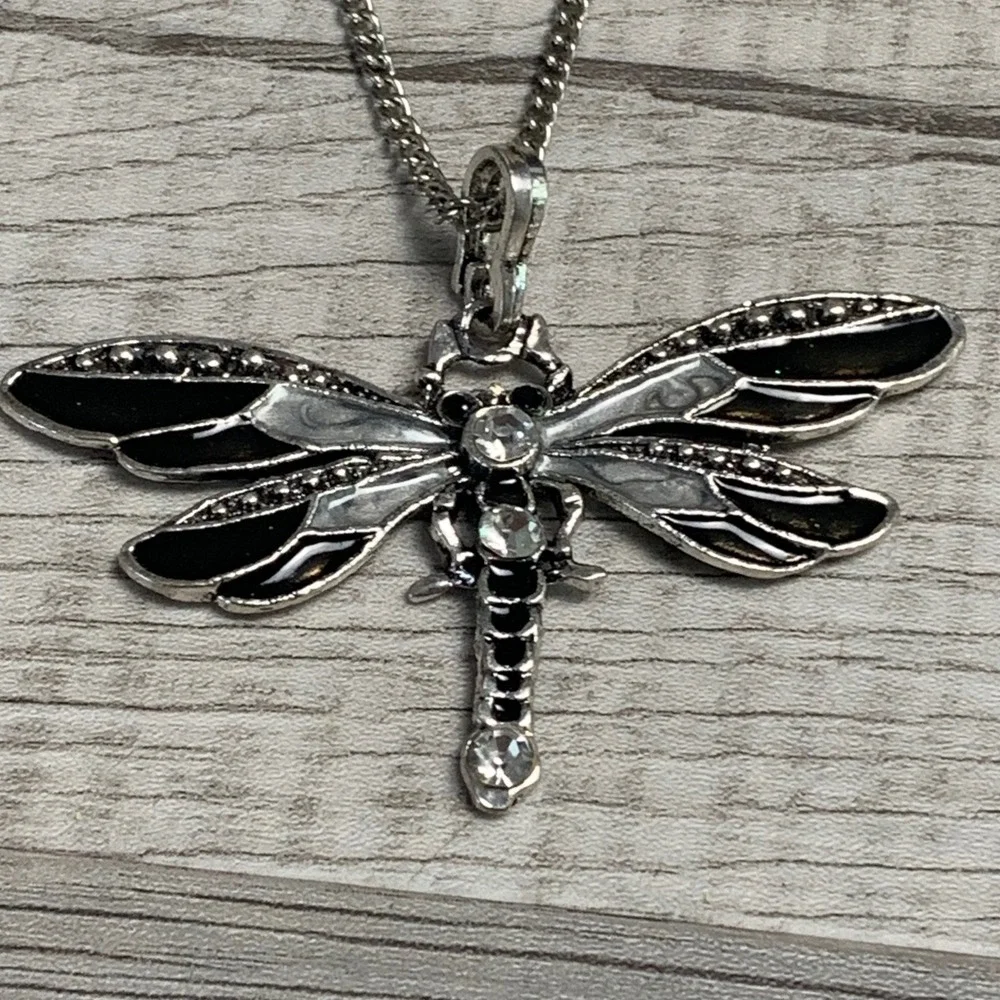 Silver Tone Dragonfly Pendant Necklace Black White Enamel Rhinestone 36 Inch